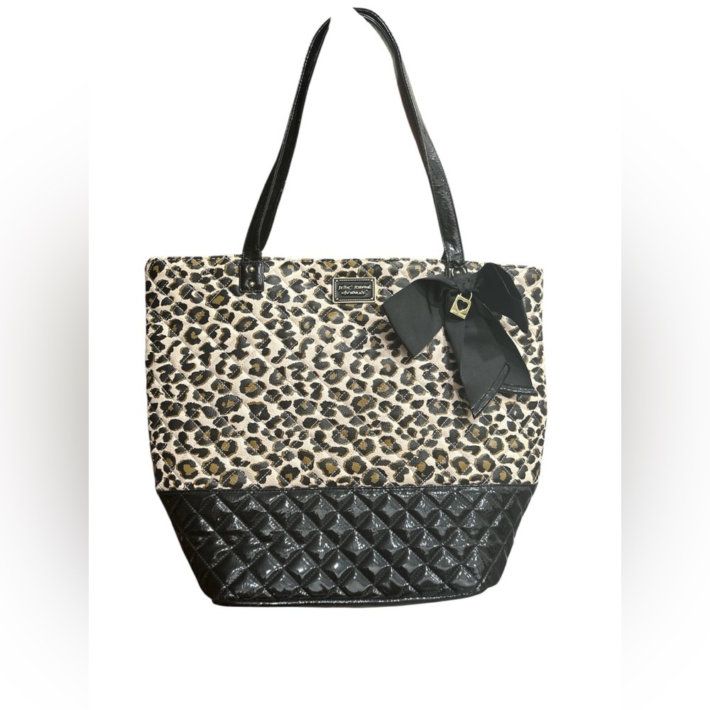 Betsey Johnson Leopard Print Quilted Black Tote with Bow